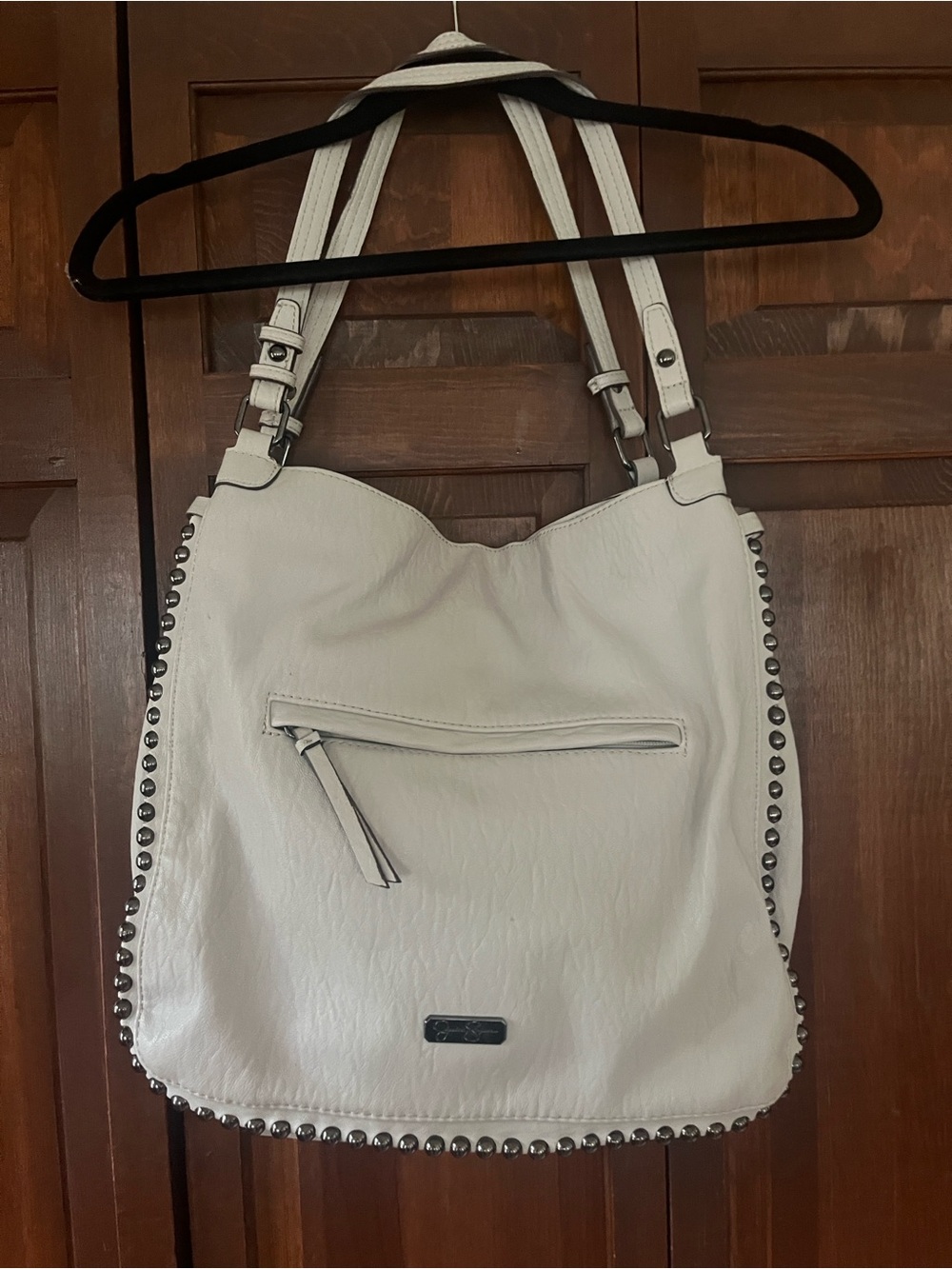 Jessica Simpson Grey Shoulder Bag with Feather Charm and Stud Trim